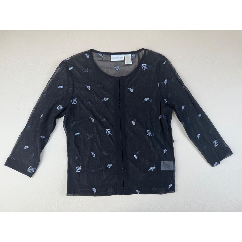 Vintage Sheer Mesh Cardigan Nylon Floral Embroidered Black Medium Christie Jill